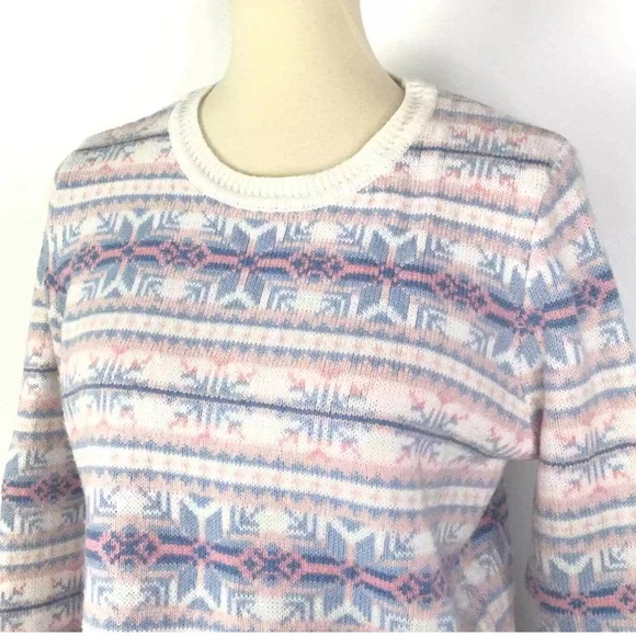 LE TIGRE Pink Blue Pastel Nordic Fair Isle Snowflake Crew Neck Sweater Wool S - Picture 3 of 9